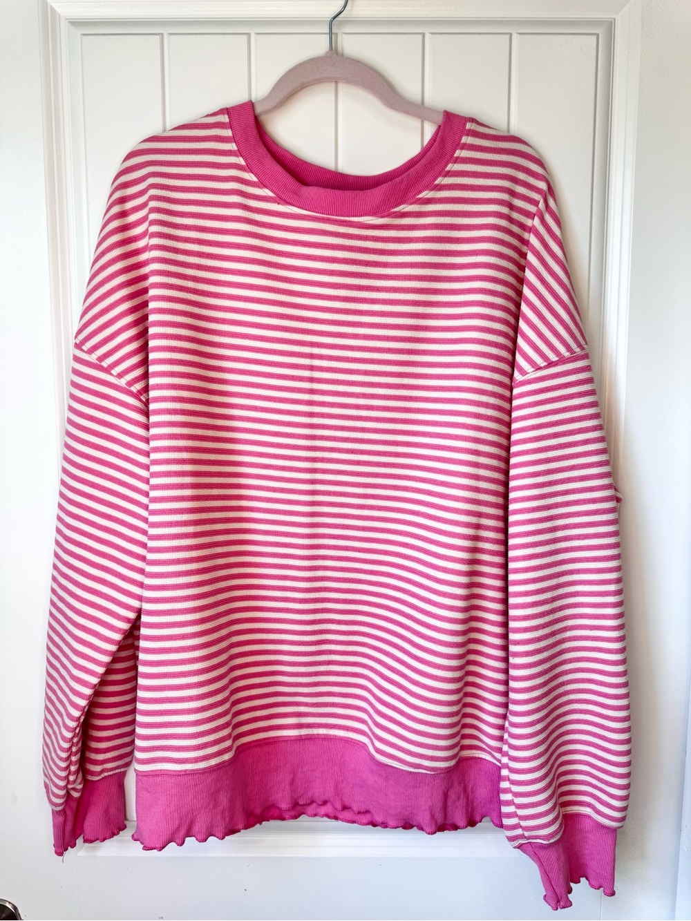 Pink & White Striped Crewneck Sweater